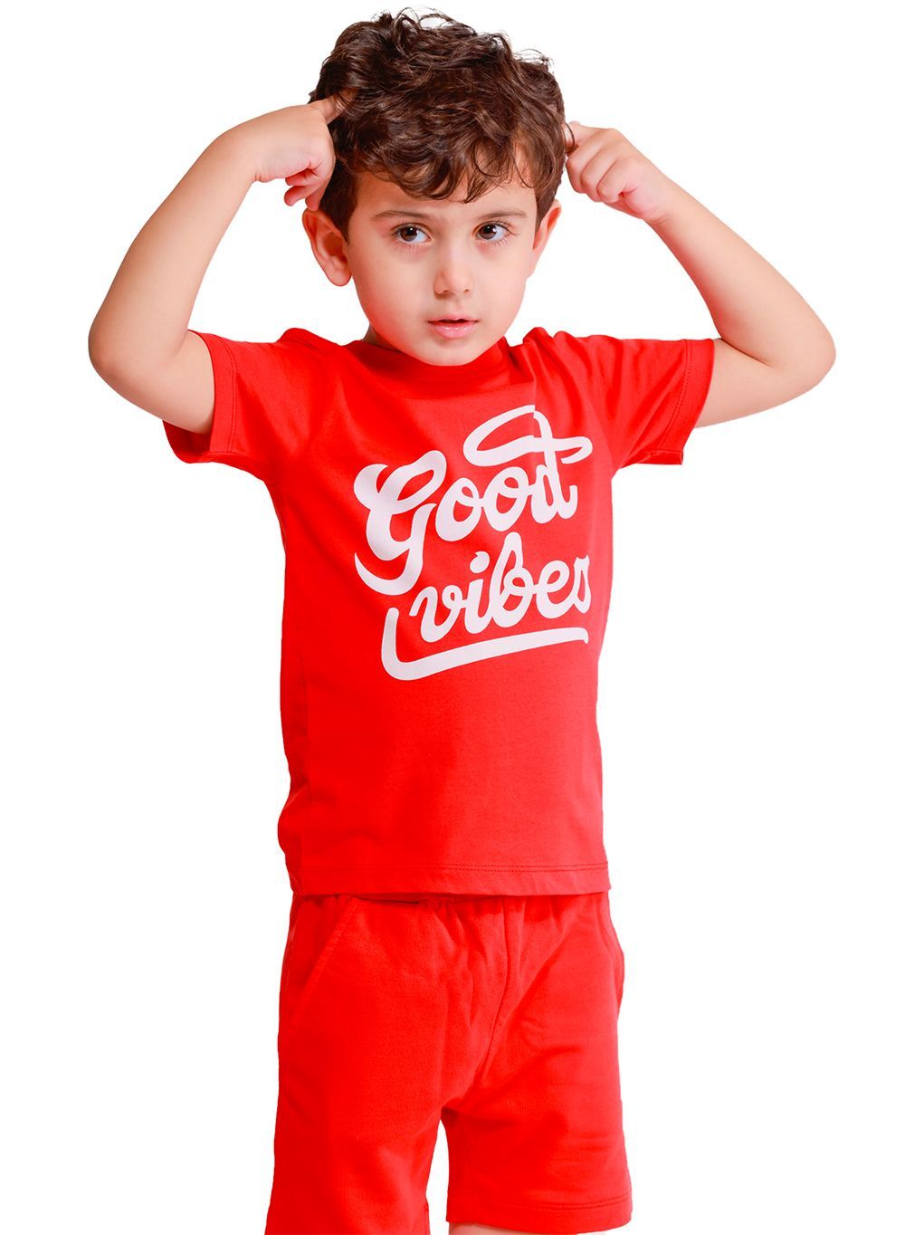 Nuego - 2pc-Set - Boy's Good Vibes Printed T-Shirt And Shorts - Red