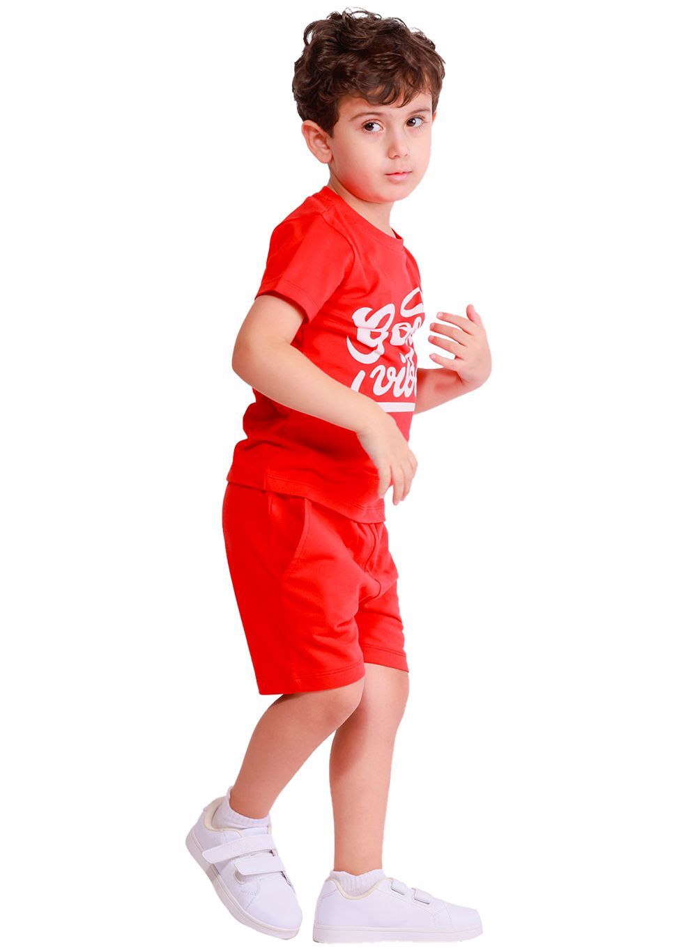 Nuego - 2pc-Set - Boy's Good Vibes Printed T-Shirt And Shorts - Red