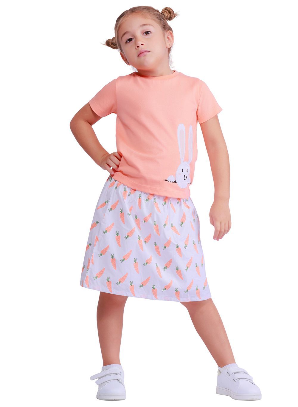 Nuego - 2pc-Set - Girl's Top And Skirt - Orange/White