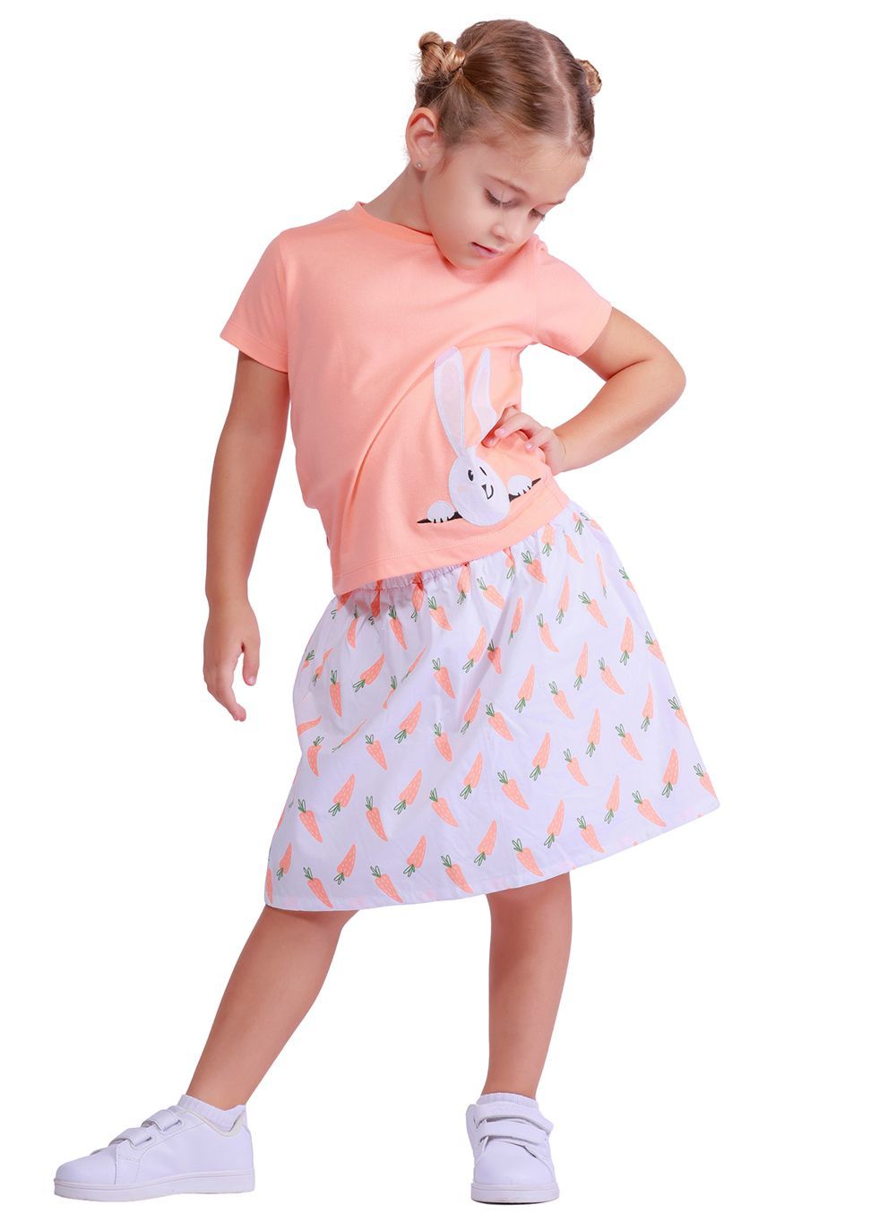 Nuego - 2pc-Set - Girl's Top And Skirt - Orange/White