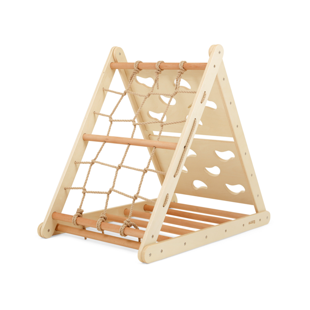 Ezzro - Triple Climbing Triangle Pikler With Rock Ramp And Slide - Natural