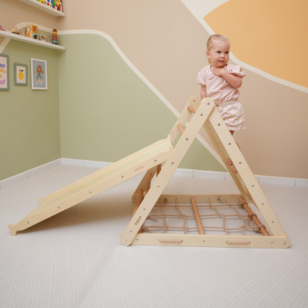 Ezzro - Triple Climbing Triangle Pikler With Rock Ramp And Slide - Natural