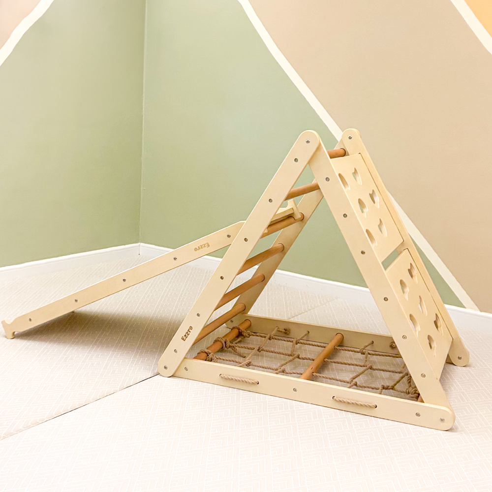 Ezzro - Triple Climbing Triangle Pikler With Rock Ramp And Slide - Natural