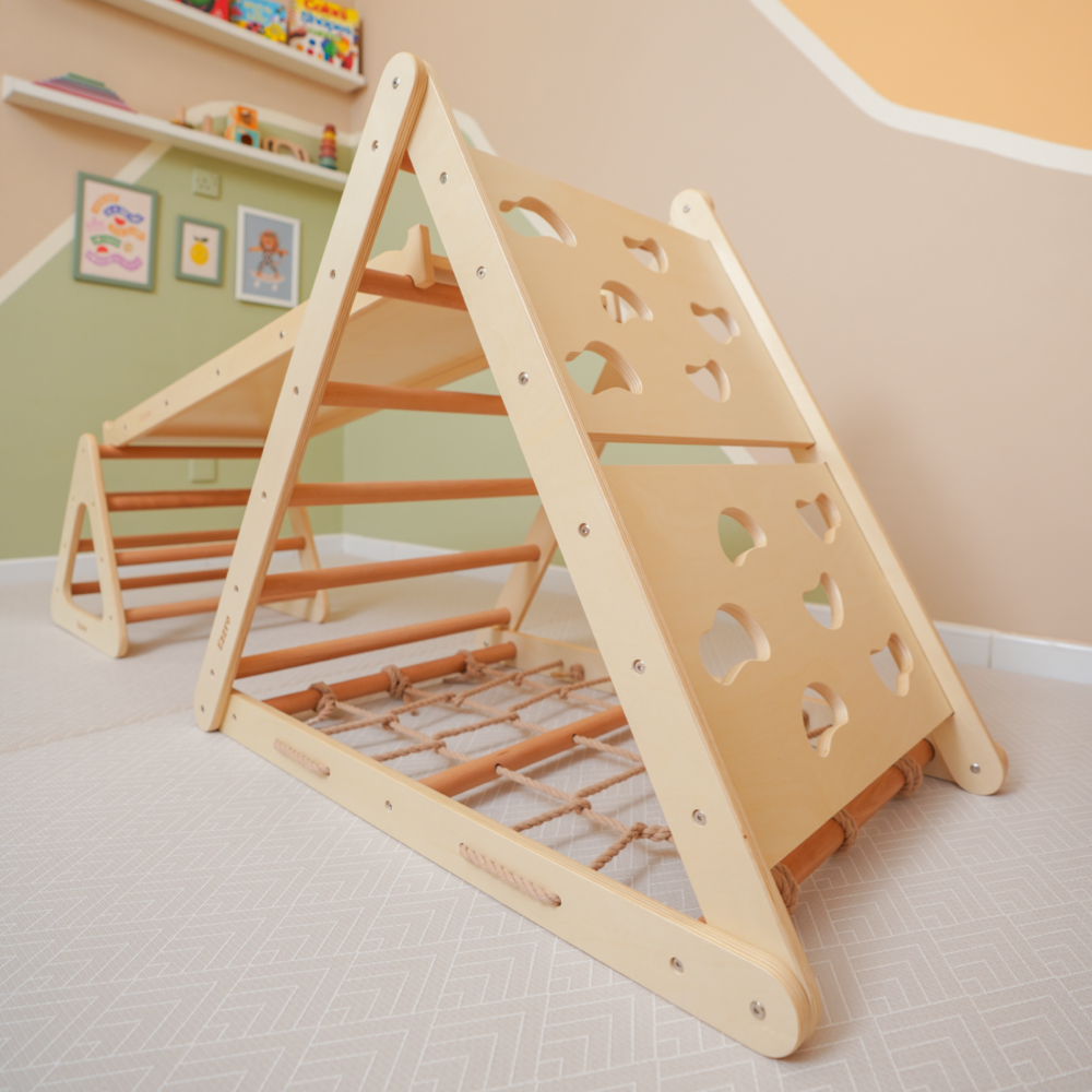 Ezzro - Pikler Triple Slide Triangle With Toddler Climb Pikler - Natural