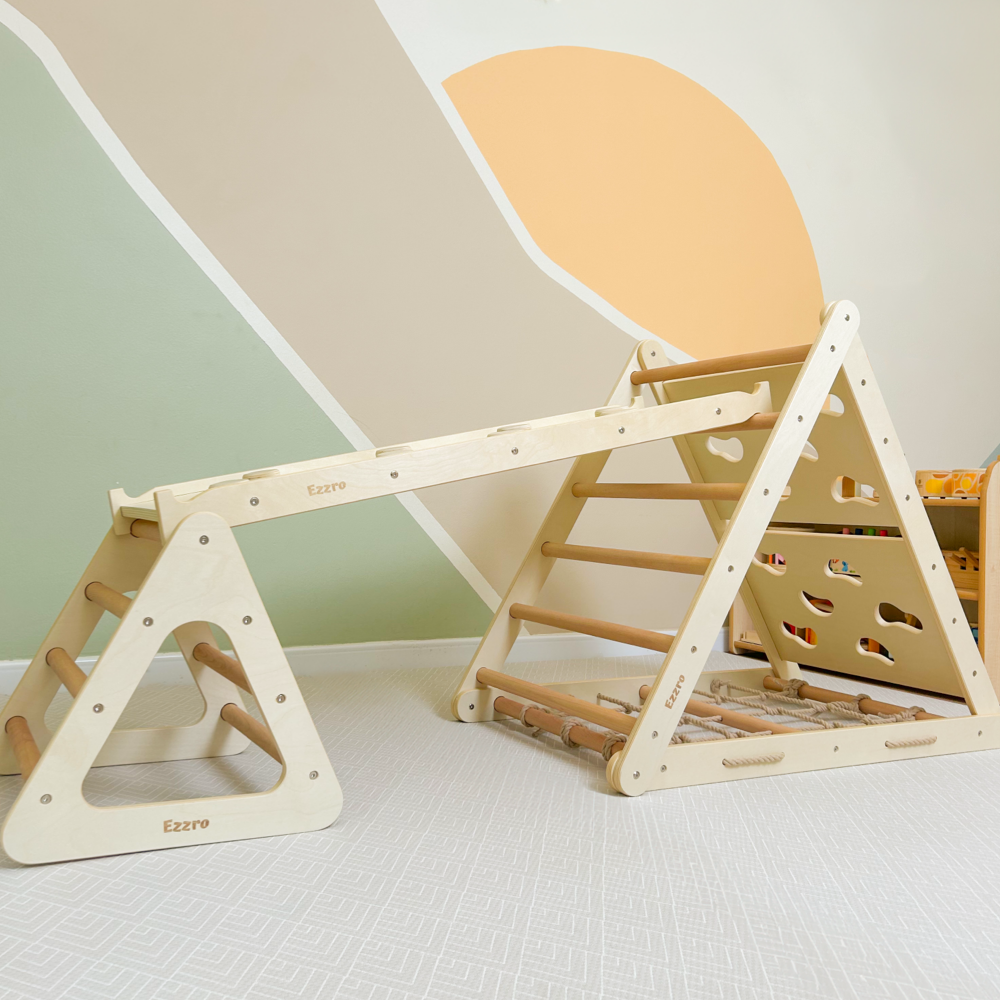 Ezzro - Pikler Triple Slide Triangle With Toddler Climb Pikler - Natural