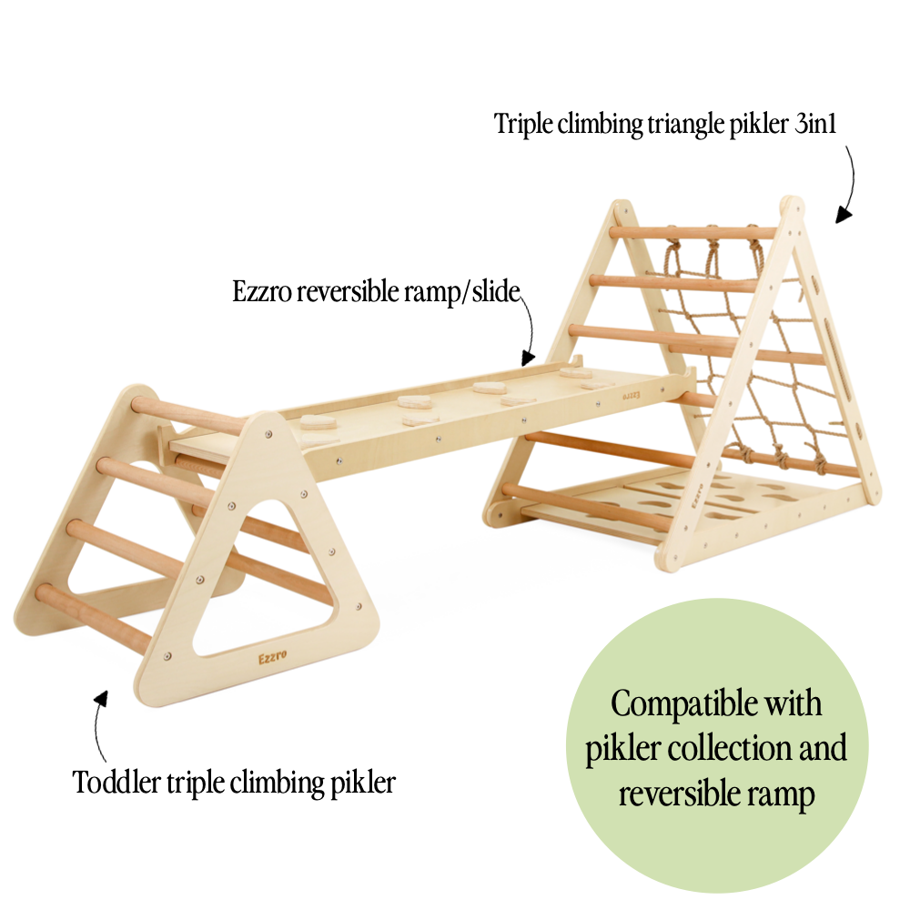 Ezzro - Pikler Triple Slide Triangle With Toddler Climb Pikler - Natural