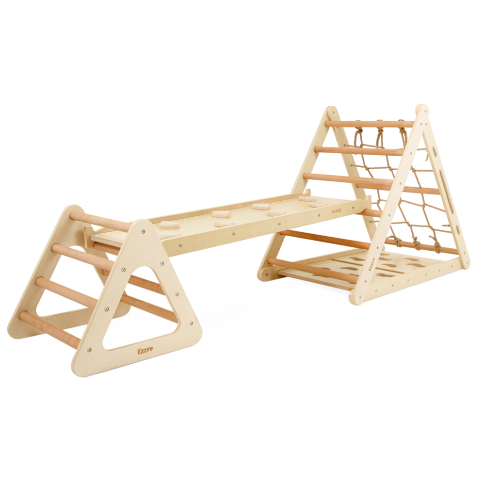 Ezzro - Pikler Triple Slide Triangle With Toddler Climb Pikler - Natural