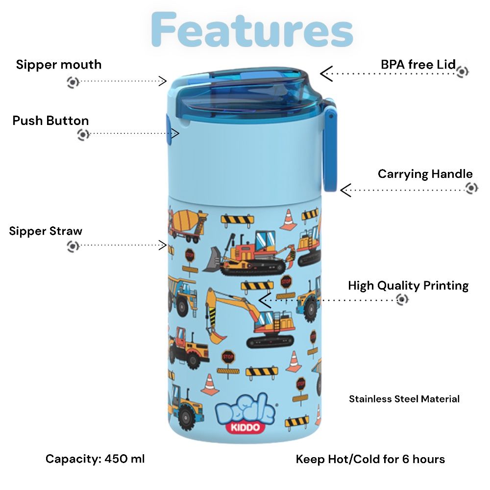 Doodle Kiddo - Stainless Steel Water Bottle - Cars And Trucks - 450 ml