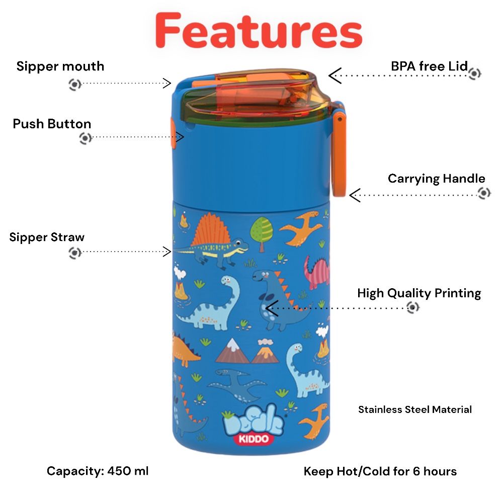 Doodle Kiddo - Dinosaur Themed Stainless Steel Water Bottle - 450 ml