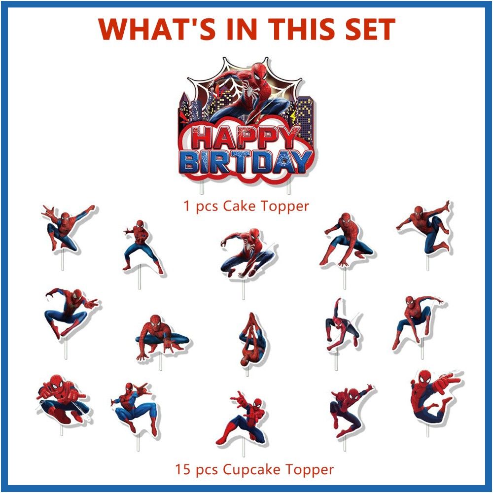 Doodle Kiddo - Spiderman Happy Birthday Cake Topper Set - Pack of 16