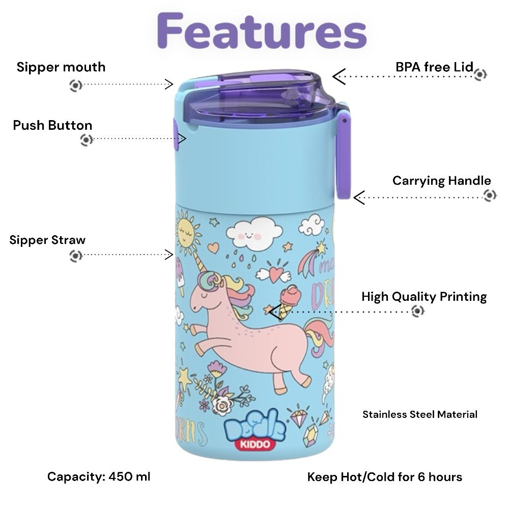 Doodle Kiddo - Stainless Steel Water Bottle - Unicorn - 450 ml