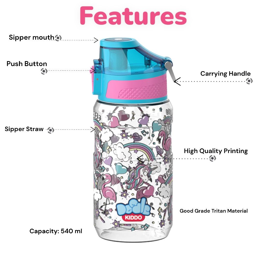 Doodle Kiddo - Plastic Water Bottle - Unicorn - 540 ml