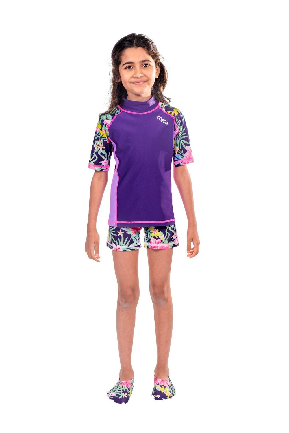 Coega Sunwear - Girl's Short Sleeves Rash Guard - Purple Blue Tropical