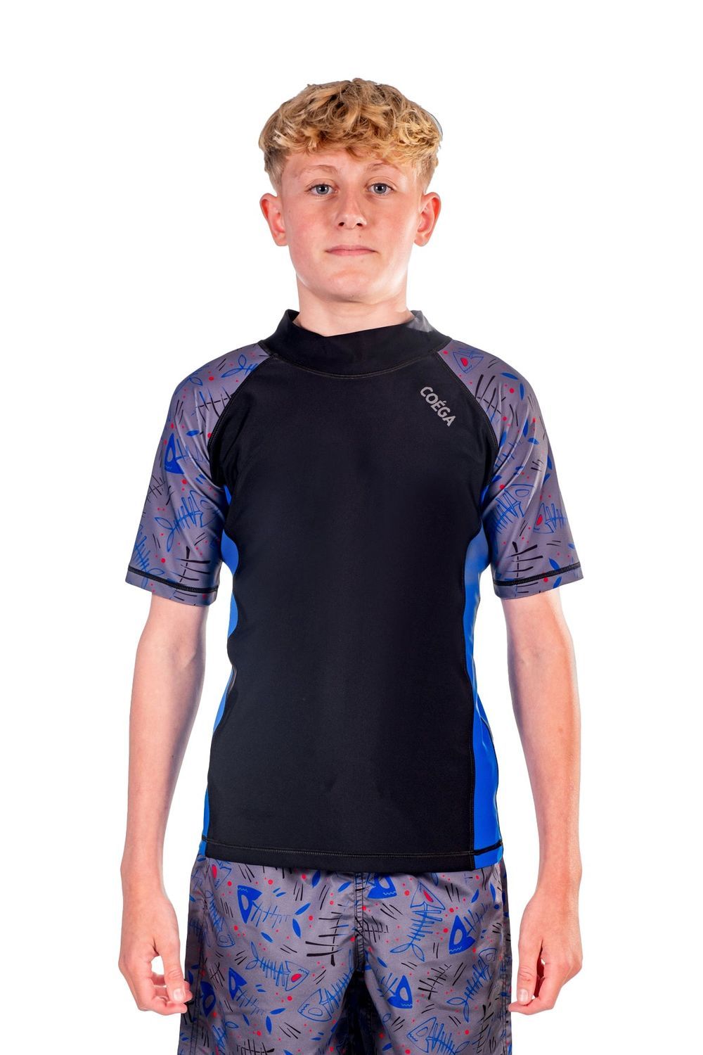 Coega Sunwear - Boy's Short Sleeve Rashguard - Blue Black Fish