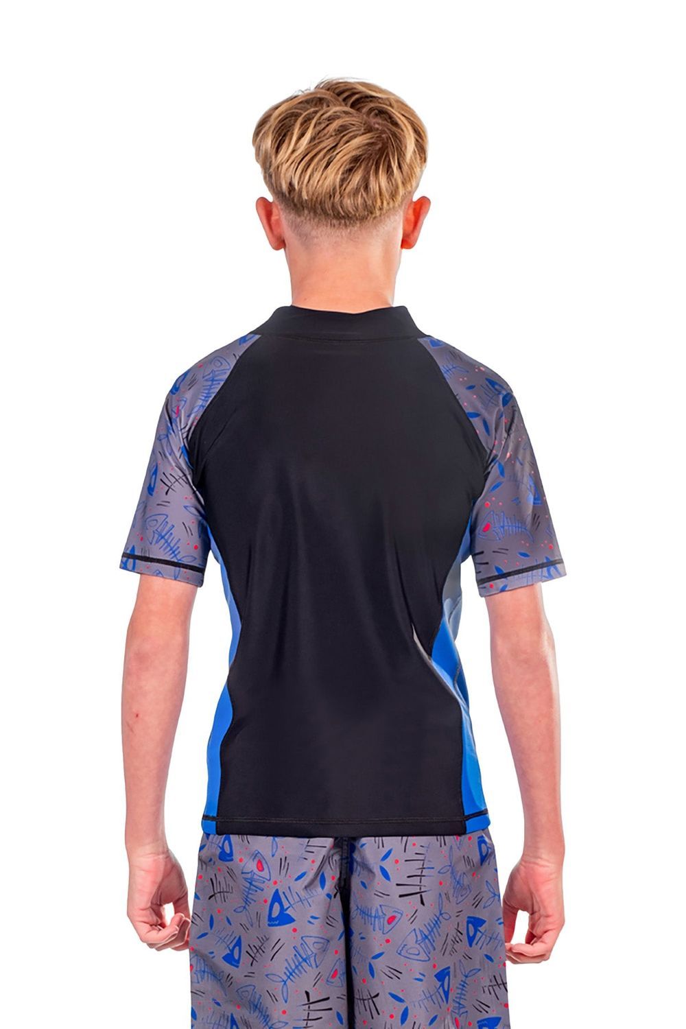 Coega Sunwear - Boy's Short Sleeve Rashguard - Blue Black Fish