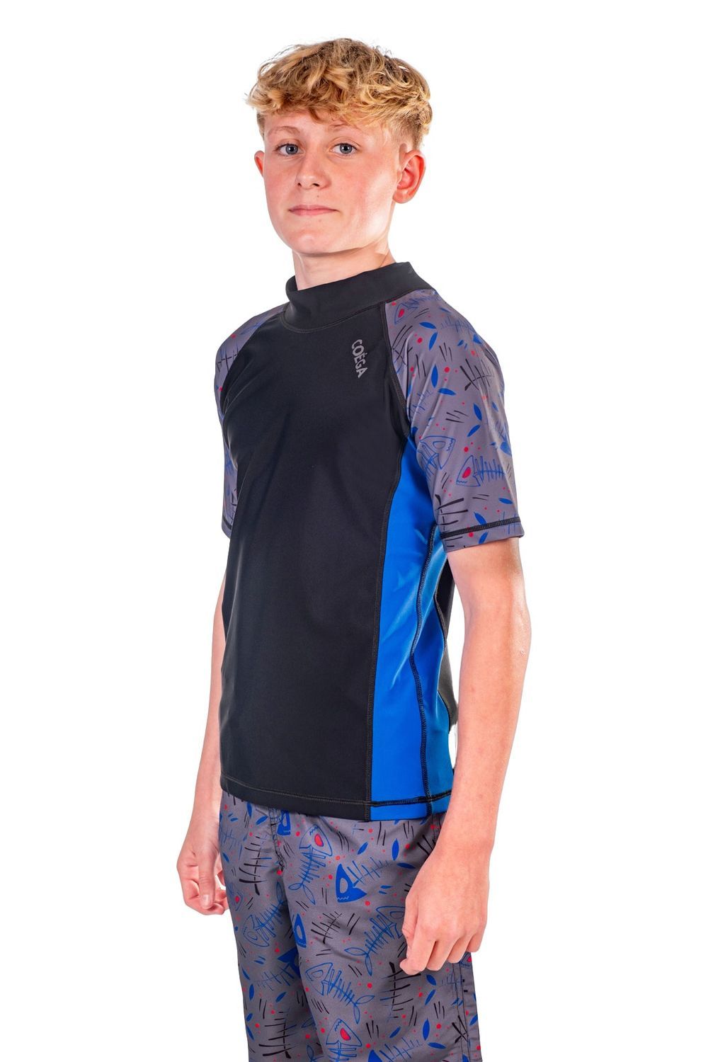 Coega Sunwear - Boy's Short Sleeve Rashguard - Blue Black Fish