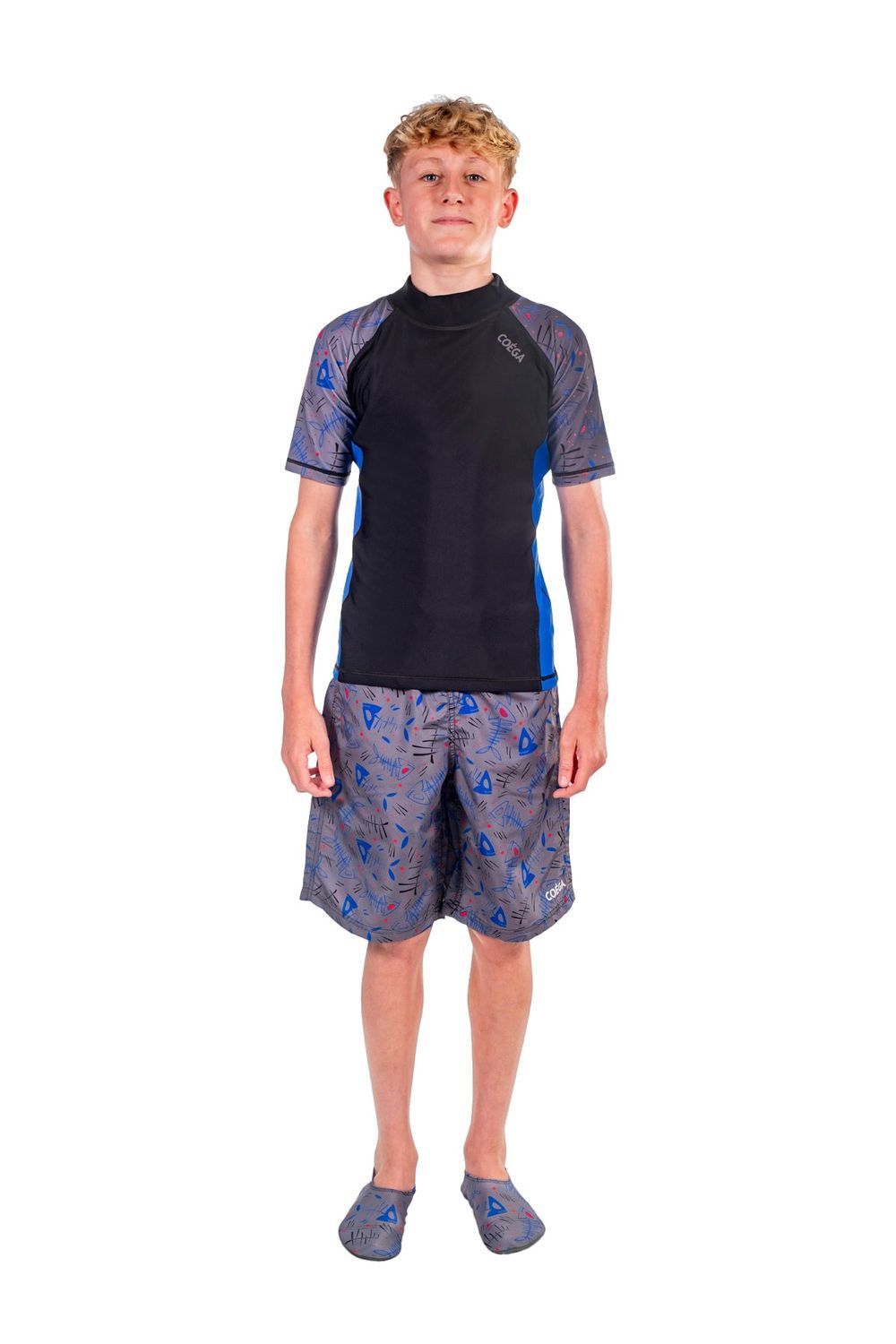 Coega Sunwear - Boy's Short Sleeve Rashguard - Blue Black Fish