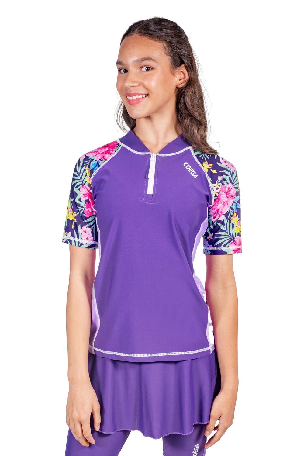 Coega Sunwear - Girl's Short Sleeves Rash Guard - Purple Blue Tropical