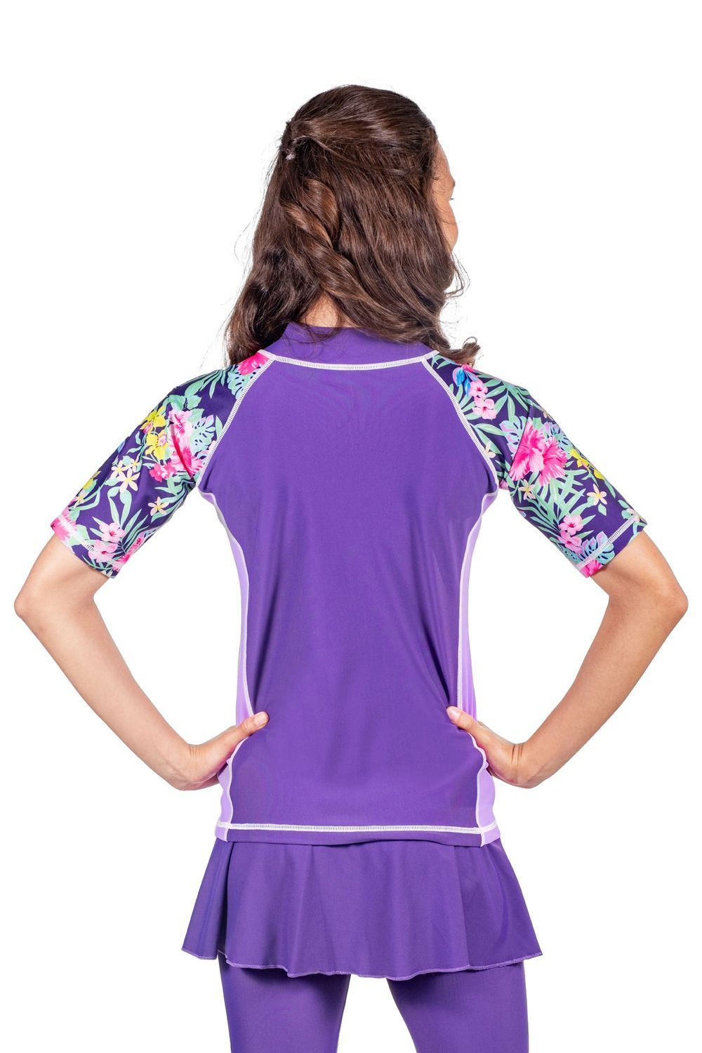 Coega Sunwear - Girl's Short Sleeves Rash Guard - Purple Blue Tropical