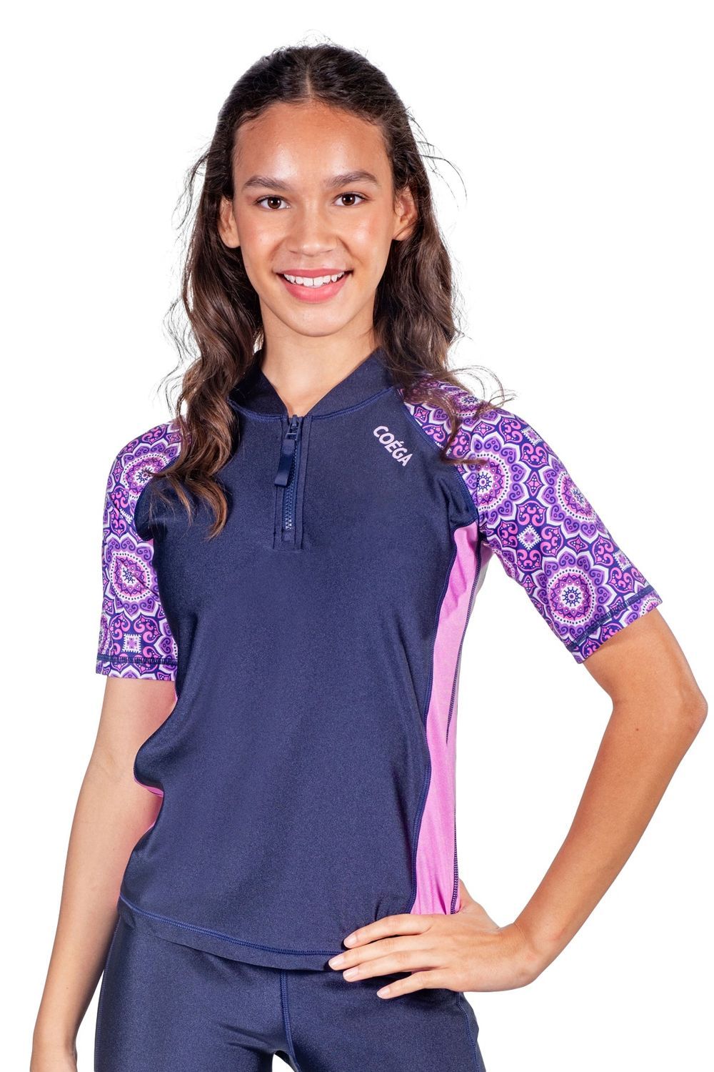 Coega Sunwear - Girl's Short Sleeves Rash Guard - Blue Pink Mandala