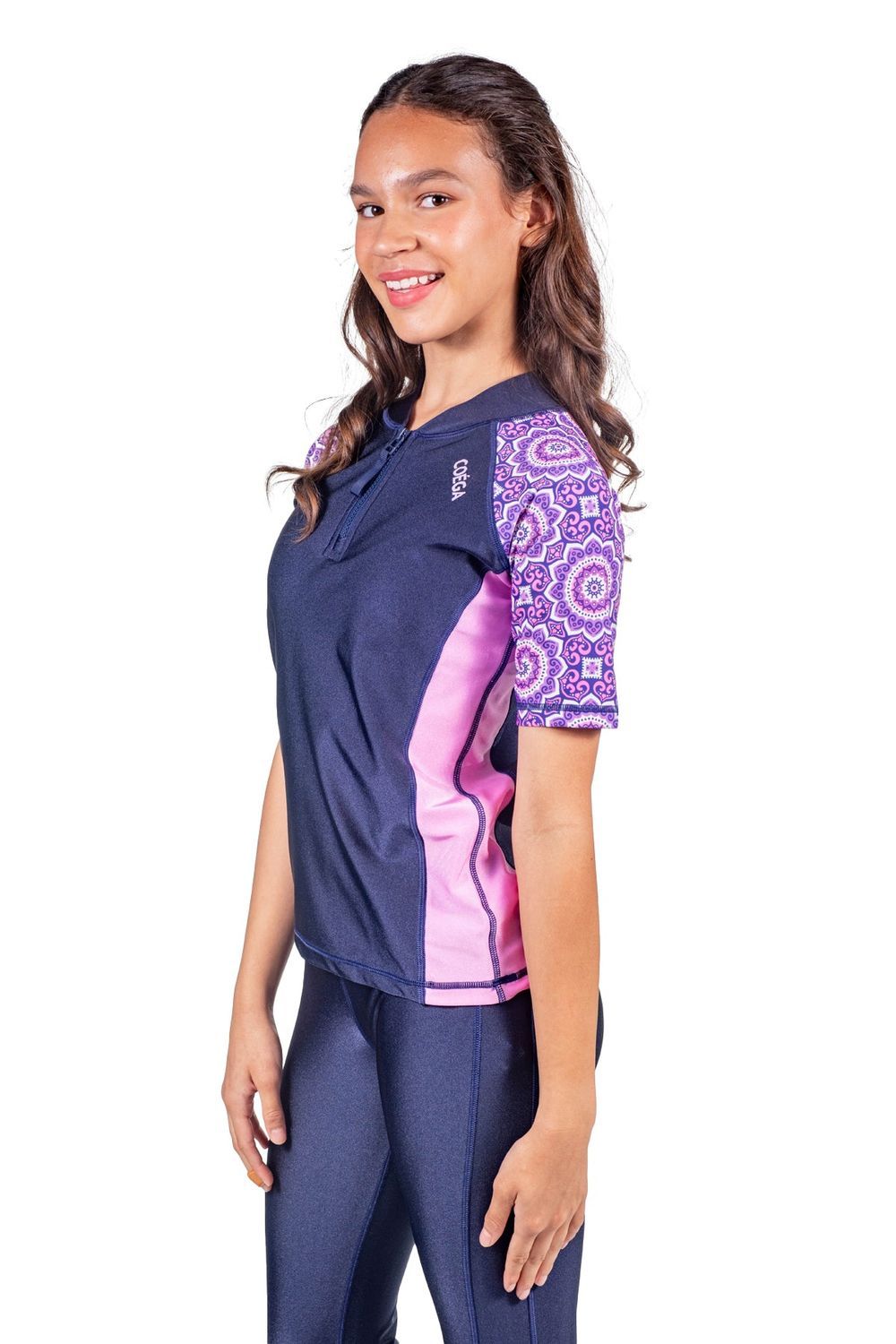 Coega Sunwear - Girl's Short Sleeves Rash Guard - Blue Pink Mandala