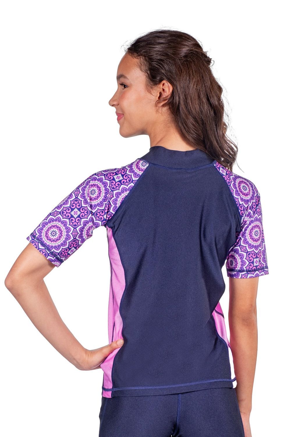 Coega Sunwear - Girl's Short Sleeves Rash Guard - Blue Pink Mandala