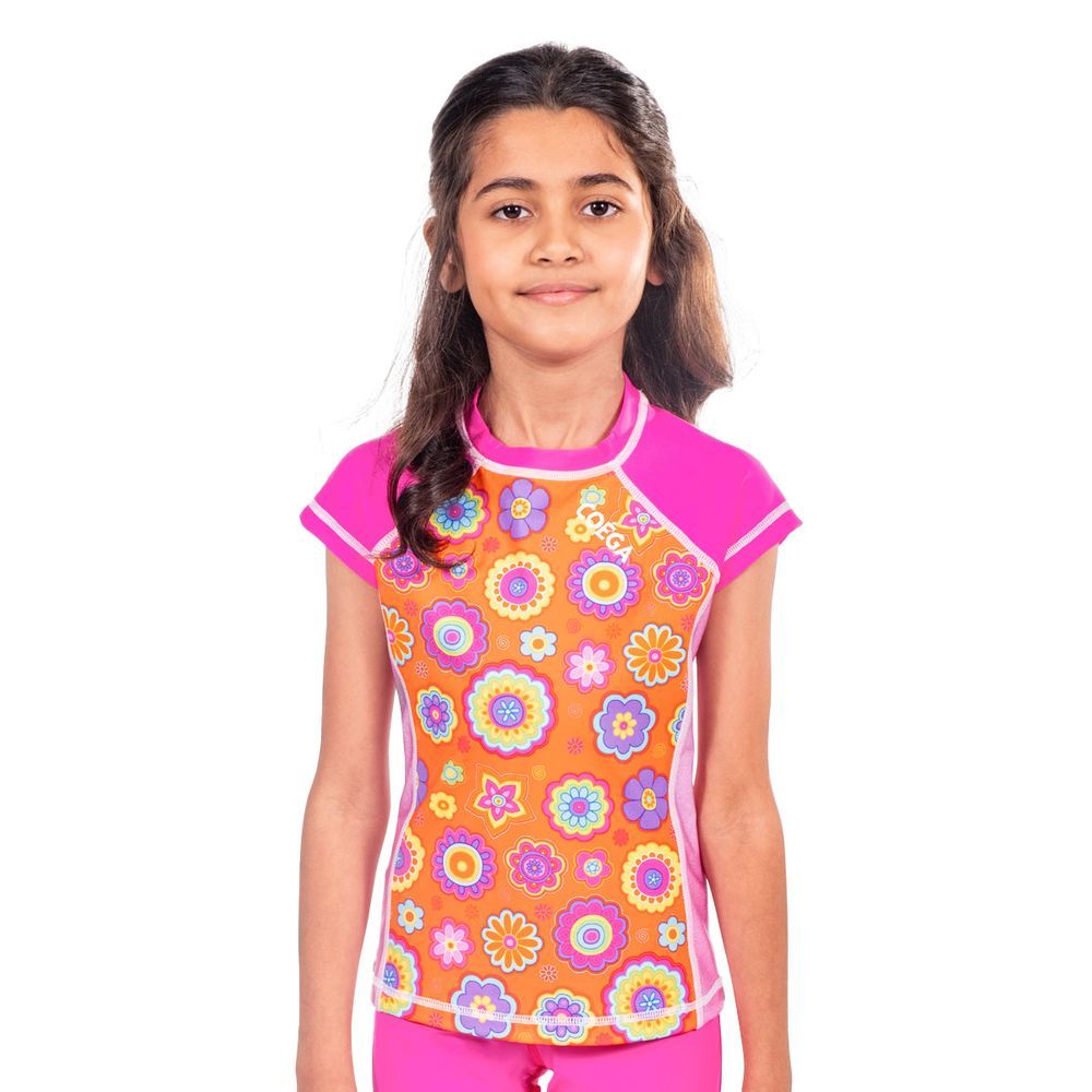 Coega Sunwear - Girl's Cap Sleeves Rash Guard - Pink Orange Groovy