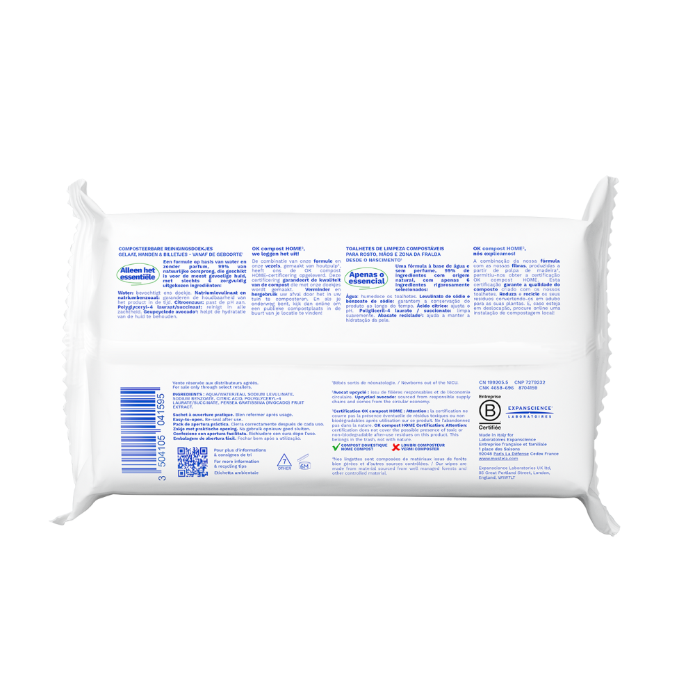 Mustela - Cleansing Water Wipes Compostable At Home - Perfume Free - 60 Sheets