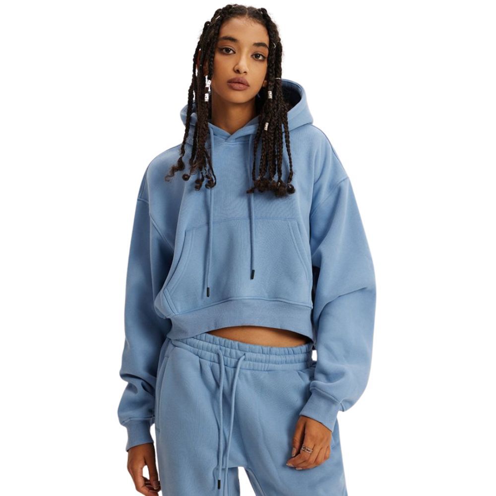 Mei Stylish - Women's Long Sleeve Cropped Pullover Hoodie - Blue