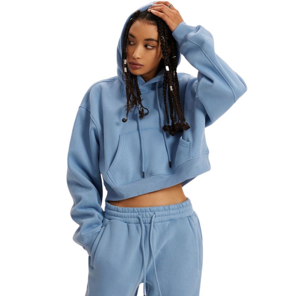 Mei Stylish - Women's Long Sleeve Cropped Pullover Hoodie - Blue