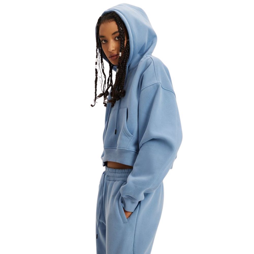 Mei Stylish - Women's Long Sleeve Cropped Pullover Hoodie - Blue