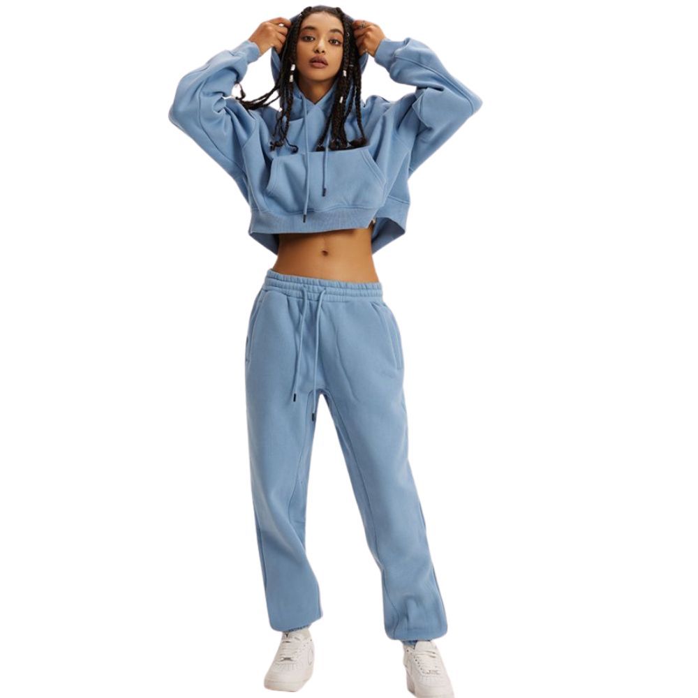 Mei Stylish - Women's Long Sleeve Cropped Pullover Hoodie - Blue