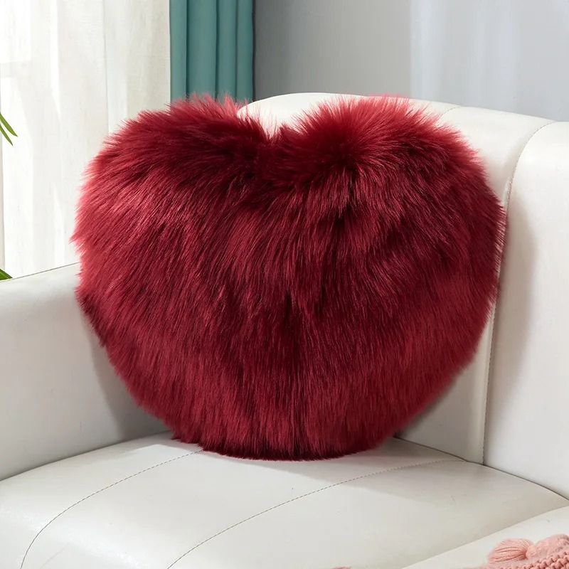 Mei Stylish - Rabbit Fur Double Side Plush Throw Pillow - Heart - Red