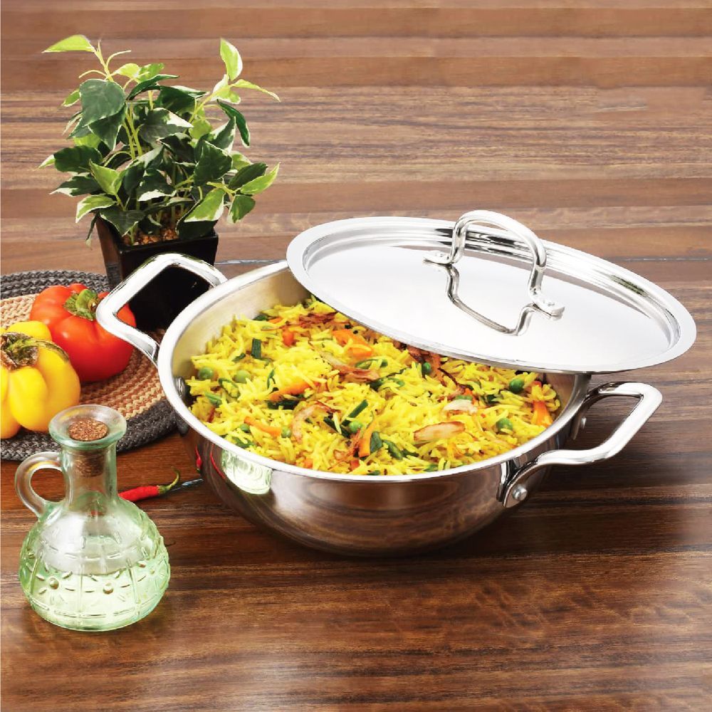 Vinod - Platinum Triply Stainless Steel Extra Deep Kadai With Lid - 3.2 L