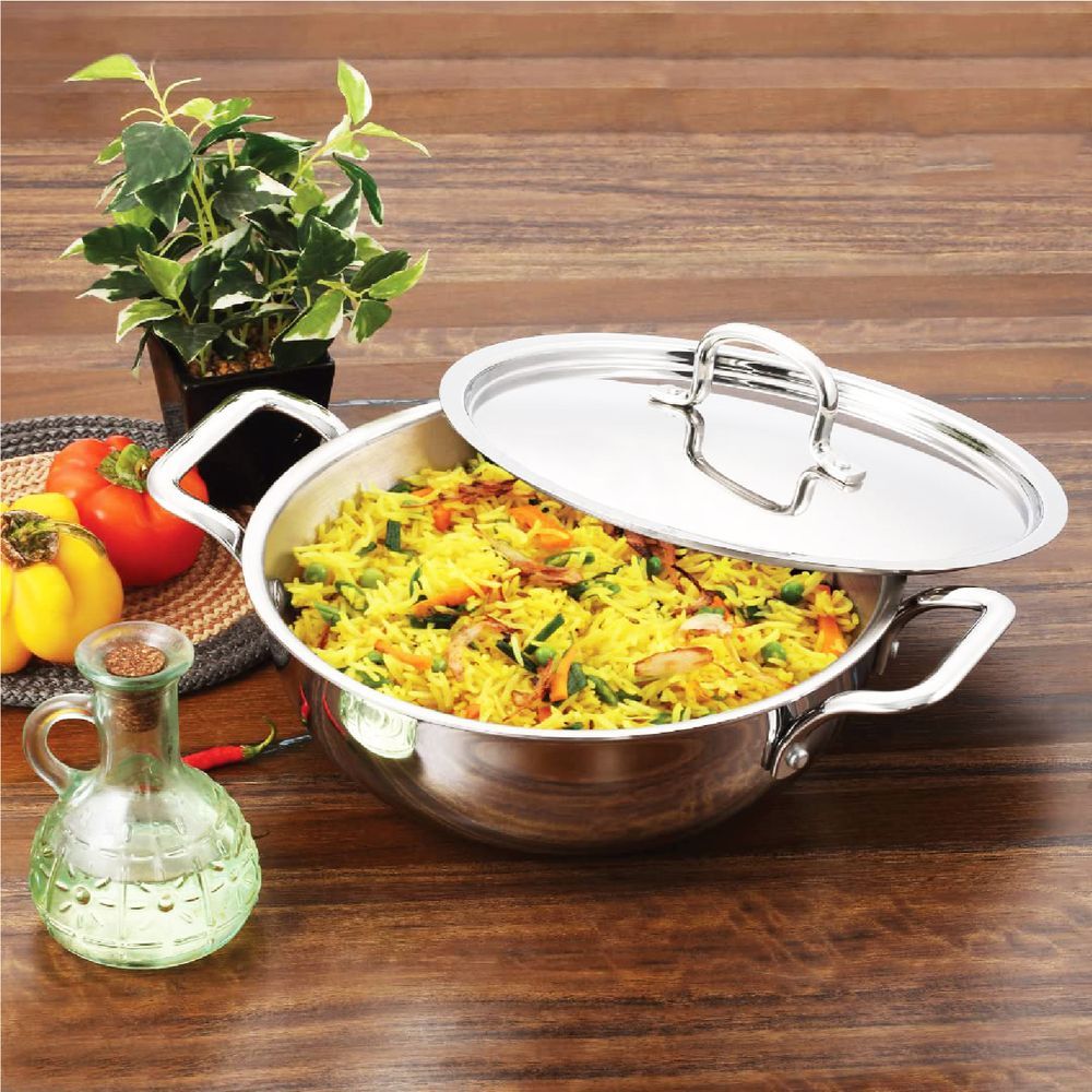 Vinod - Platinum Triply Stainless Steel Extra Deep Kadai With Lid - 3.7 L