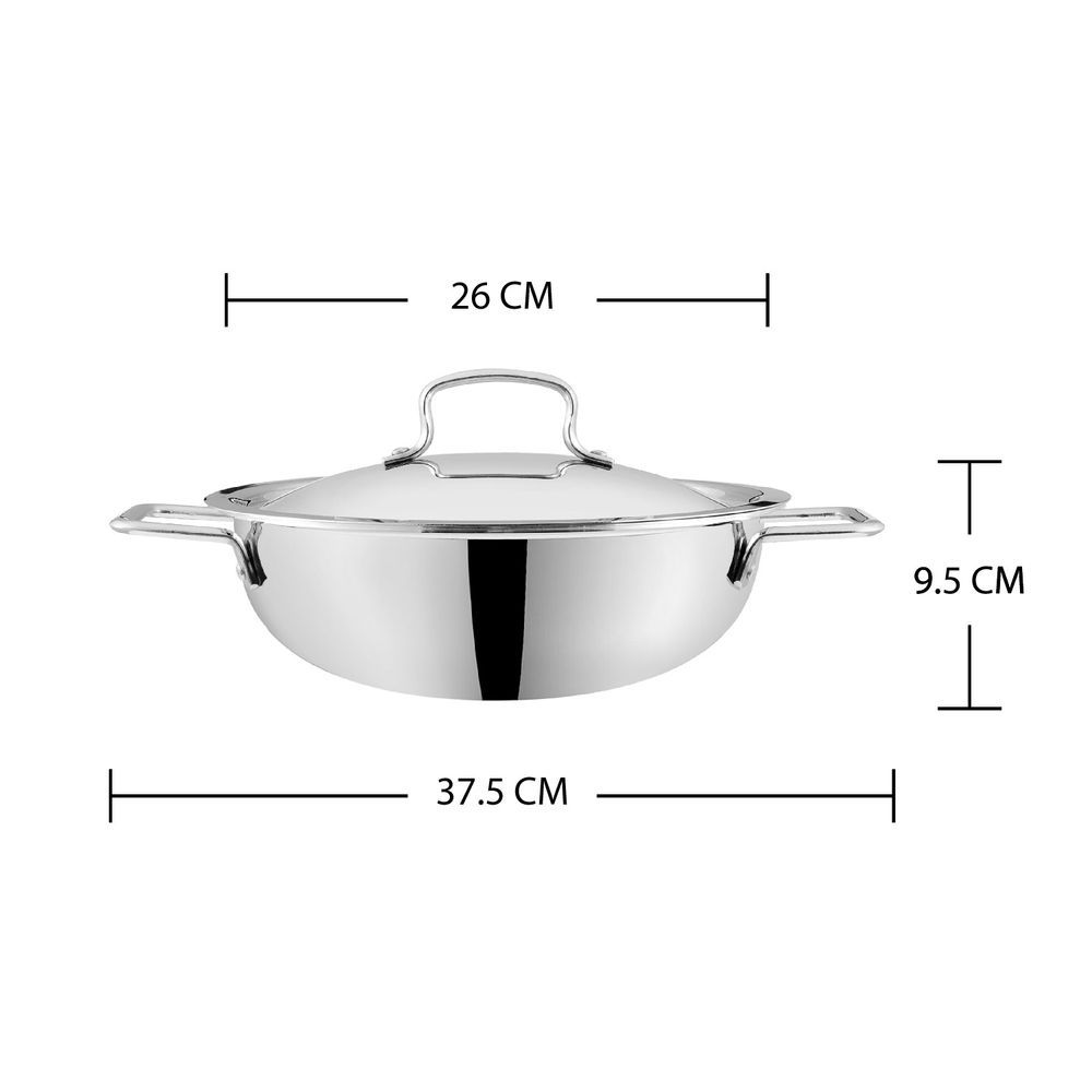 Vinod - Platinum Triply Stainless Steel Extra Deep Kadai With Lid - 3.7 L