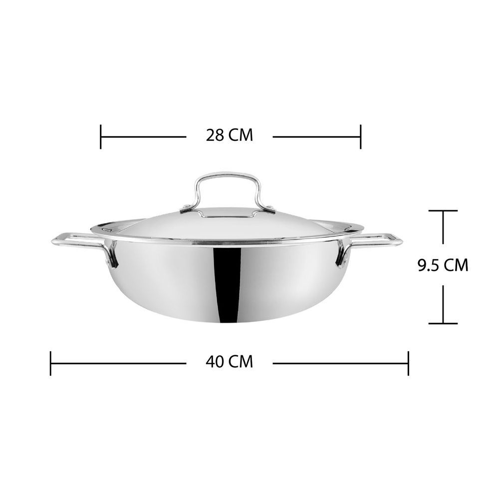 Vinod - Platinum Triply Stainless Steel Extra Deep Kadai With Lid - 4.8 L