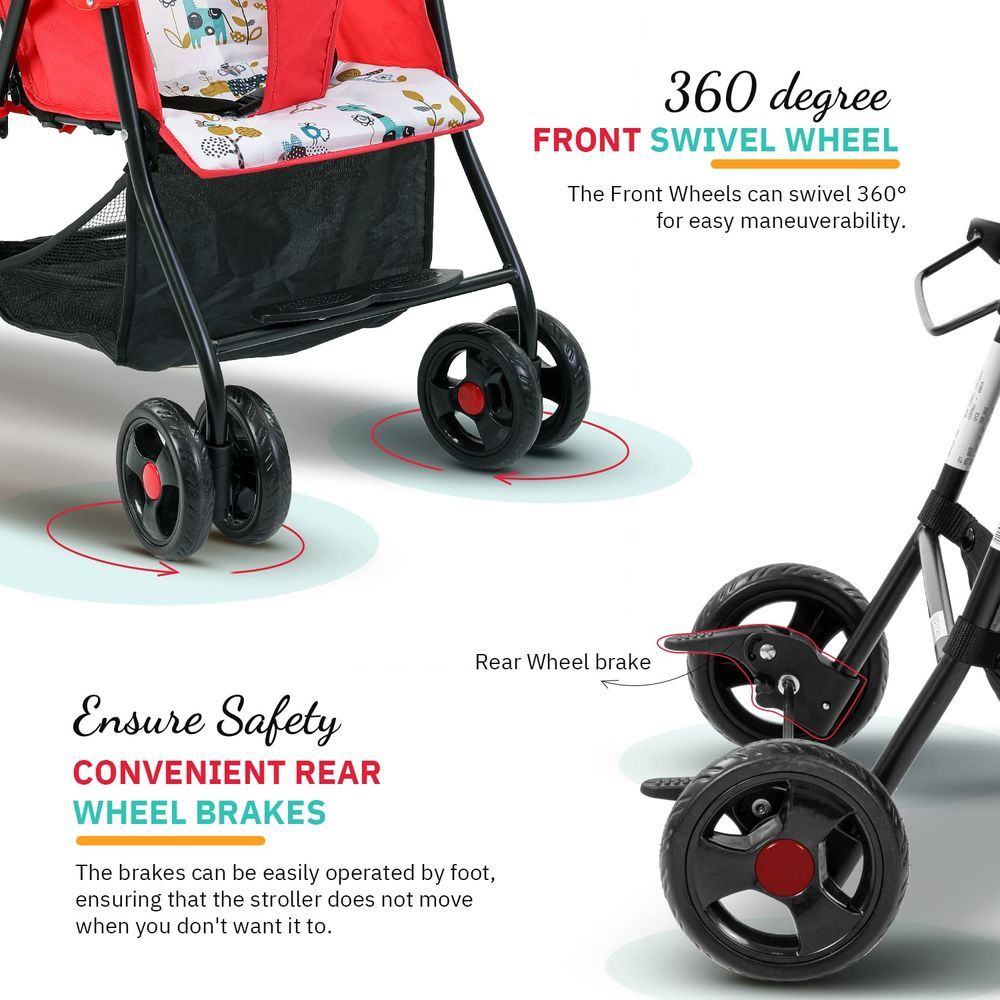 baybee - Lightweight Baby Stroller For Travel With Round Grip Handle - Red/Black