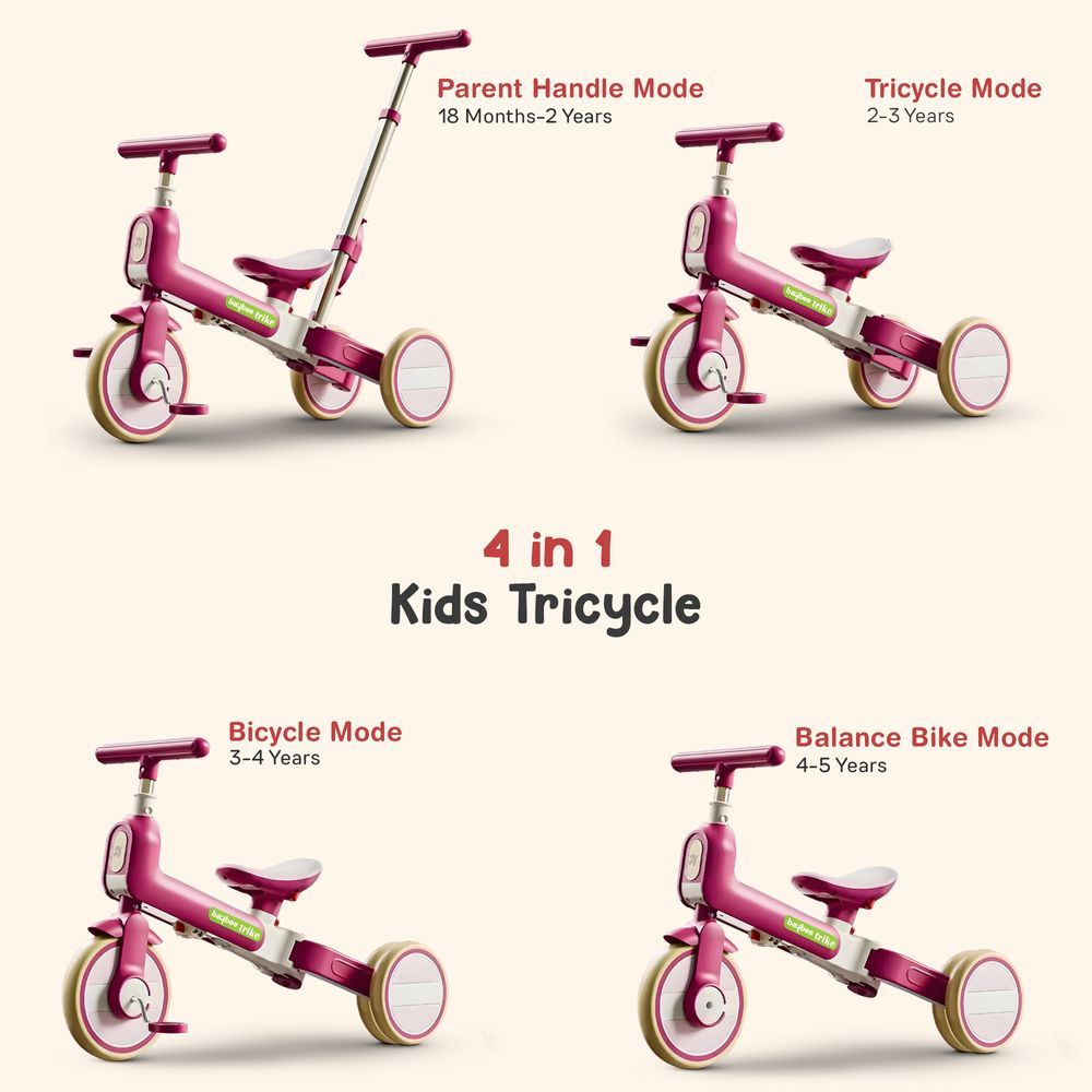 Baybee - Novak 4-In-1 Convertible Baby Tricycle - Pink