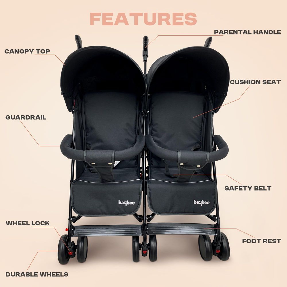 baybee - 2-In-1 Twin Baby Stroller With Wheel Lock And Parental Handle - Black