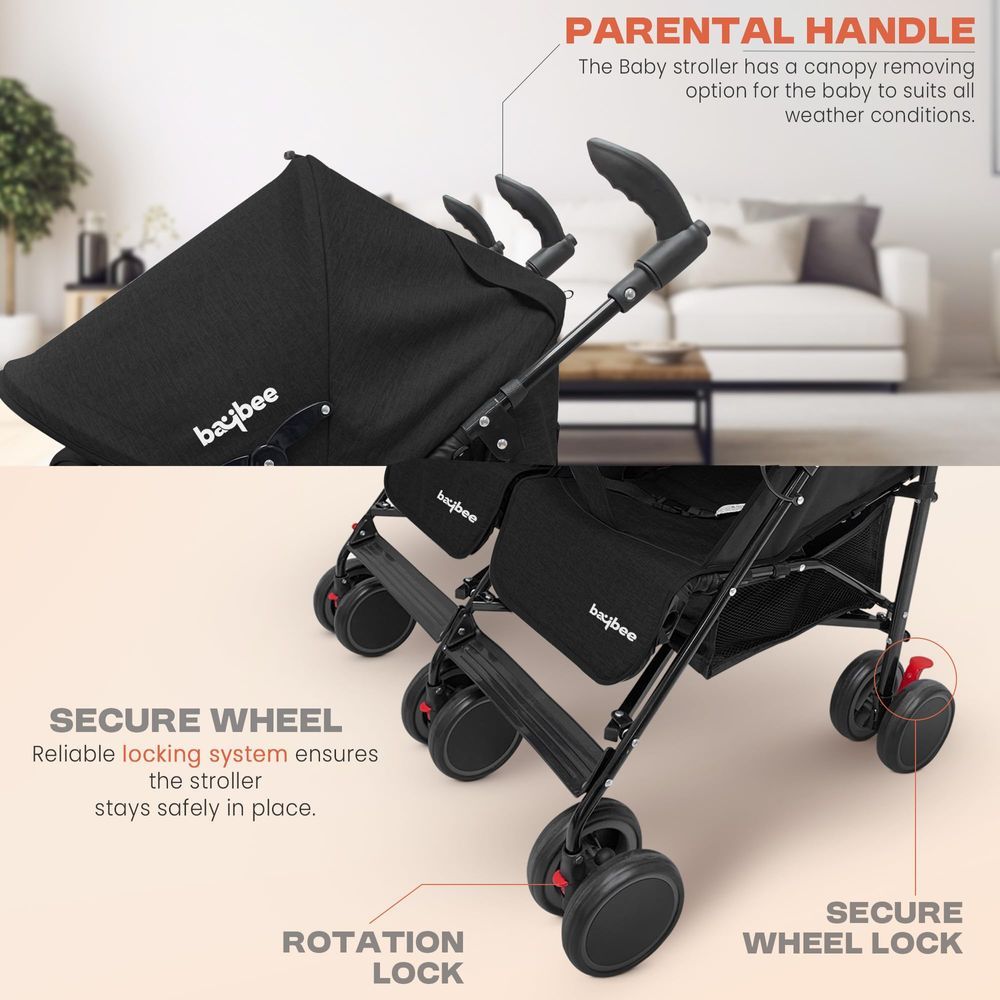 baybee - 2-In-1 Twin Baby Stroller With Wheel Lock And Parental Handle - Black