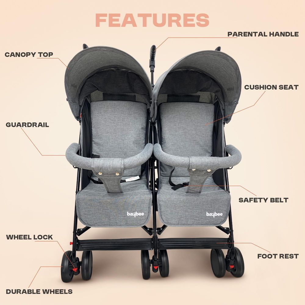 baybee - 2-In-1 Twin Baby Stroller With Wheel Lock And Parental Handle - Grey