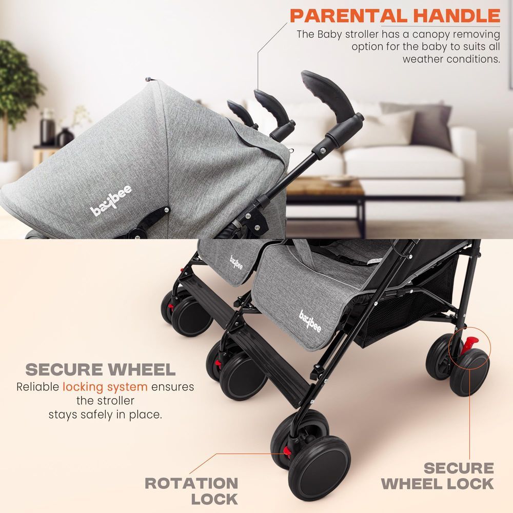 baybee - 2-In-1 Twin Baby Stroller With Wheel Lock And Parental Handle - Grey