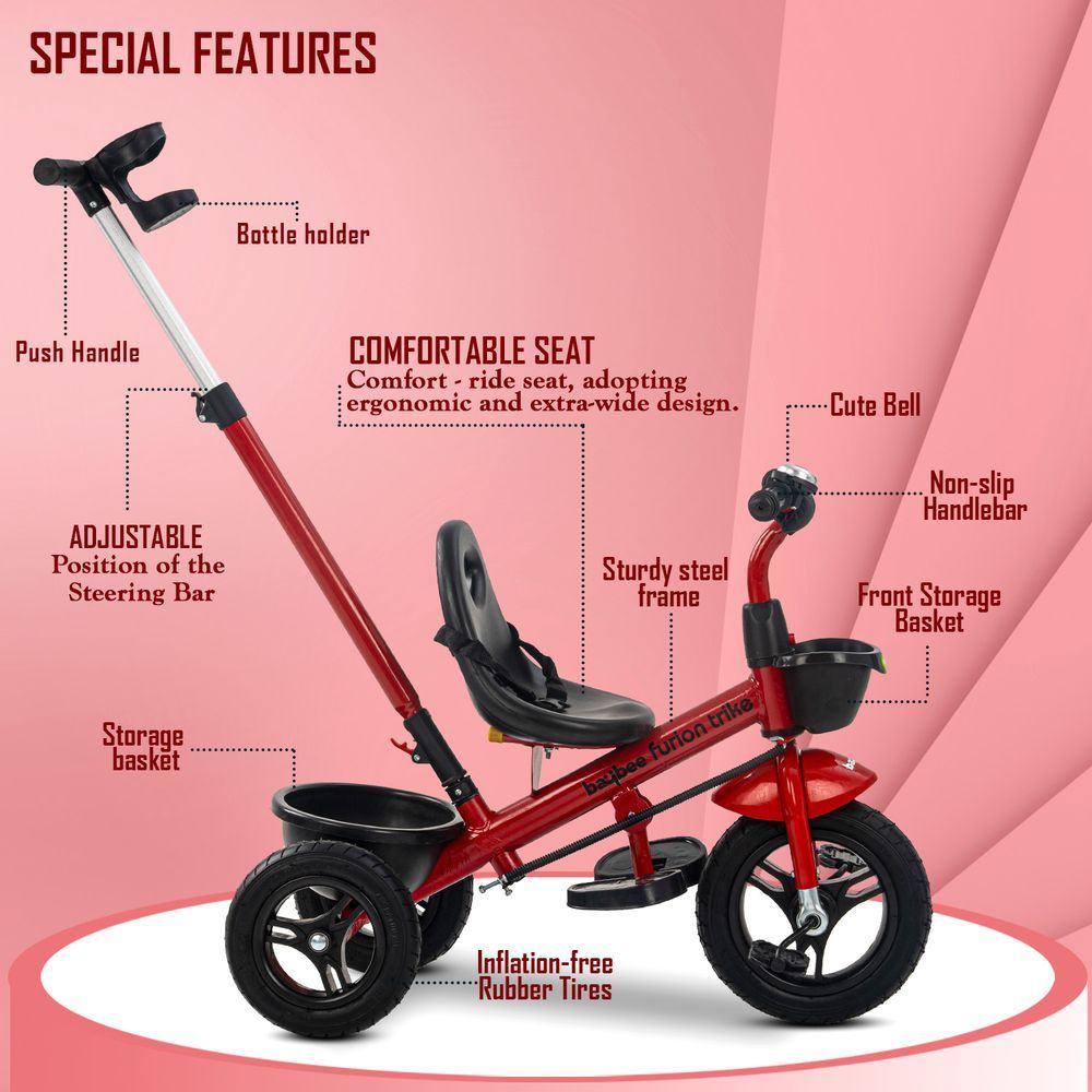 Baybee - 2-In-1 Convertible Baby Tricycle - Red