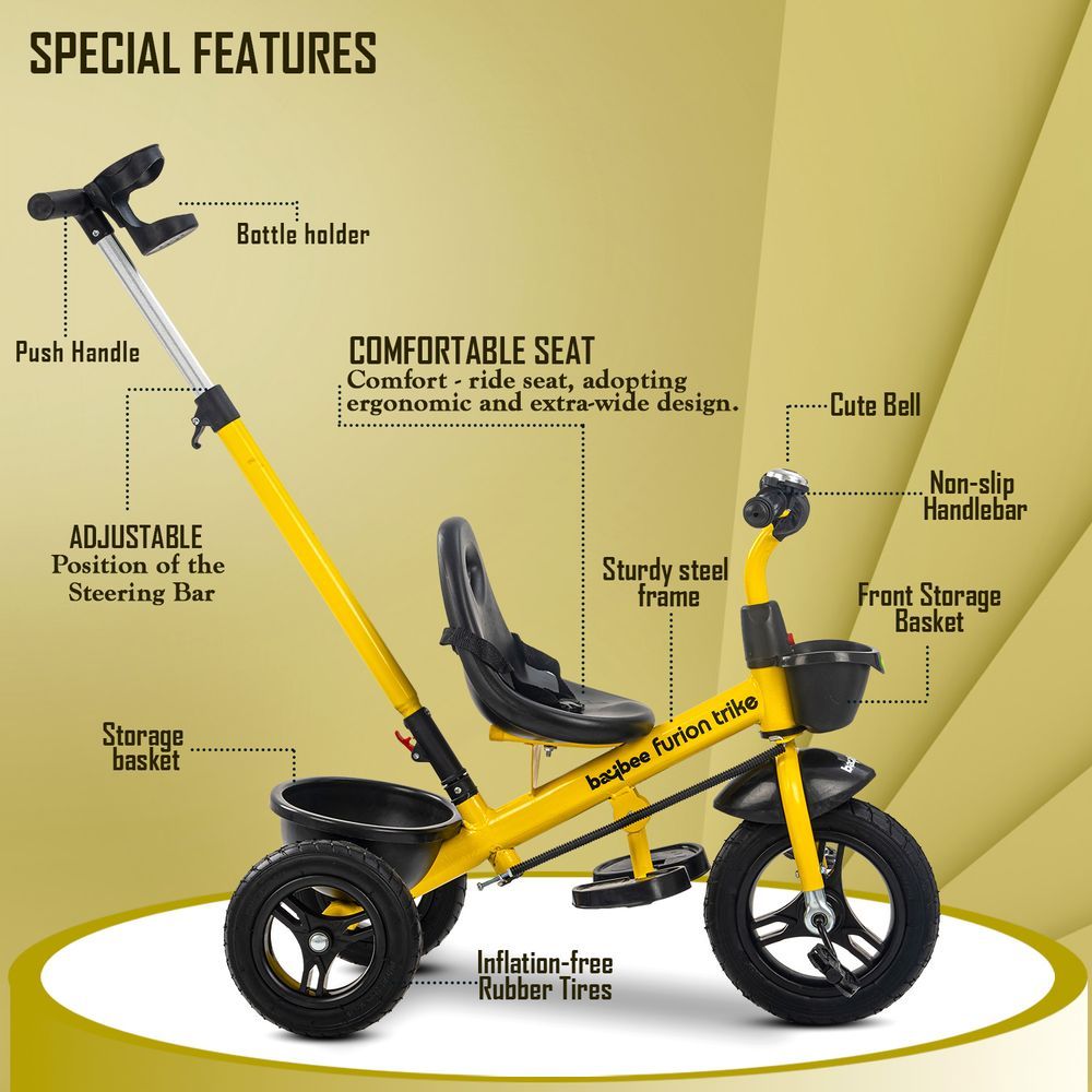 Baybee - 2-In-1 Convertible Baby Tricycle - Yellow