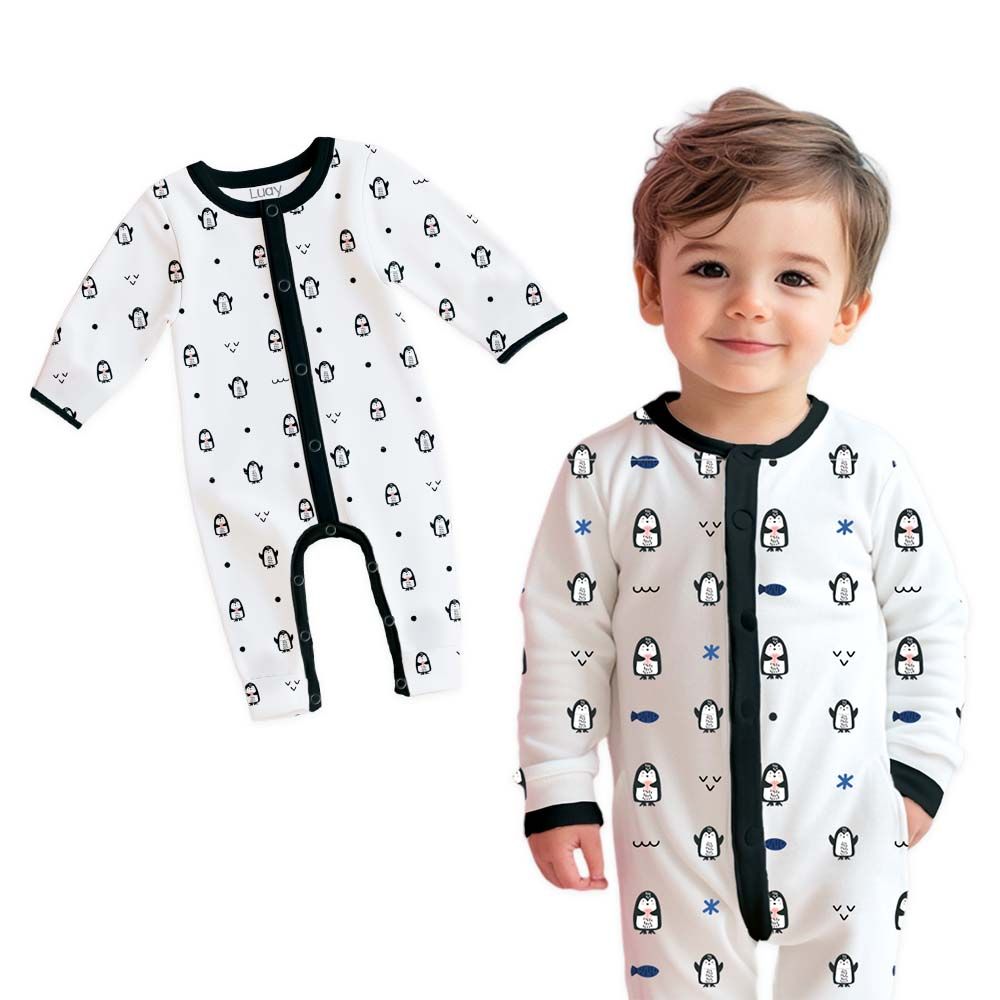 Luay - Penguins Printed Full Sleeves Baby Romper - White/Black