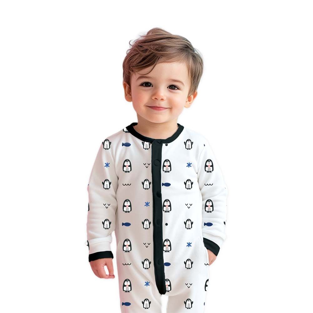 Luay - Penguins Printed Full Sleeves Baby Romper - White/Black