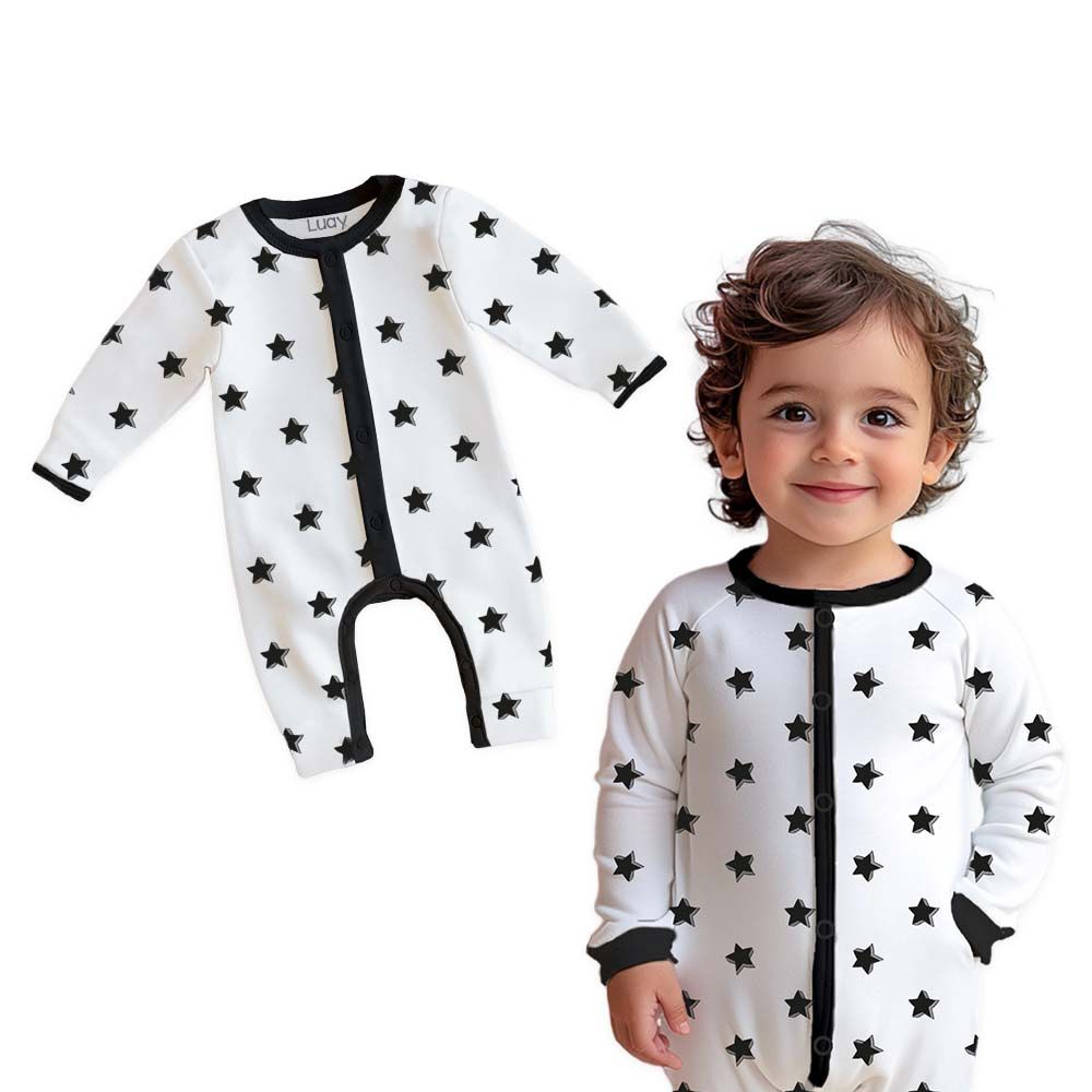 Luay - Star Printed Full Sleeves Baby Romper - White/Black