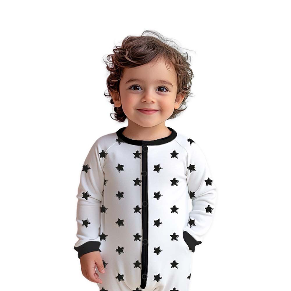 Luay - Star Printed Full Sleeves Baby Romper - White/Black