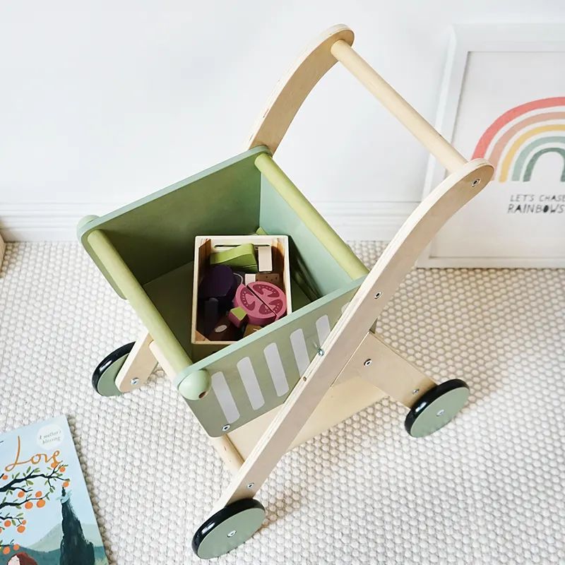 Factory Price - Wooden Shopping Cart Pretend Play / Baby Walker - Green